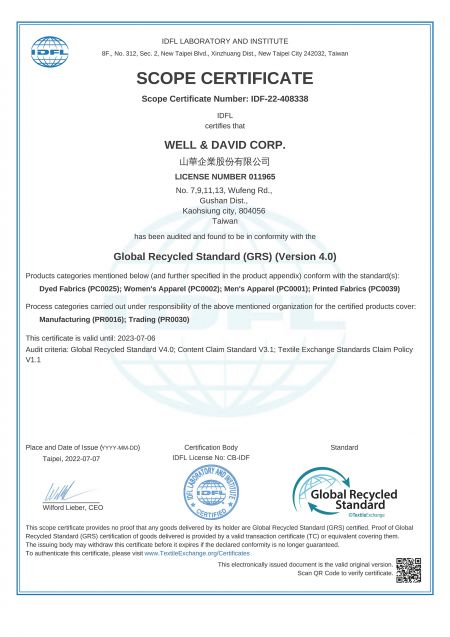 Well & David Corp. Global Recycled Standard(GRS)