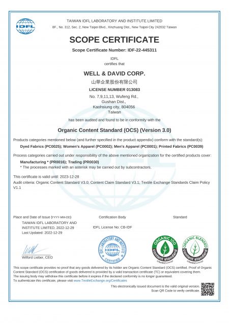 Well & David Corp. Organic Content Standard(OCS)