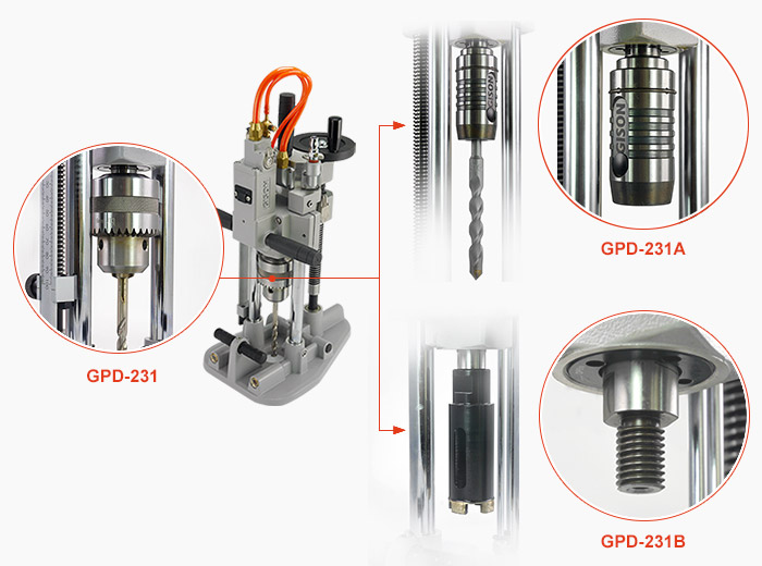 drilling bits are selectable with vacuum cup design hand-held drilling machine
