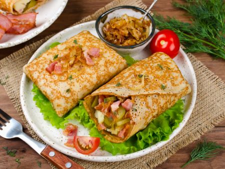 Savory Crepes made with bacon, and cheese