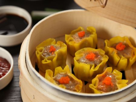 Shumai is automatically garnished with fish roe