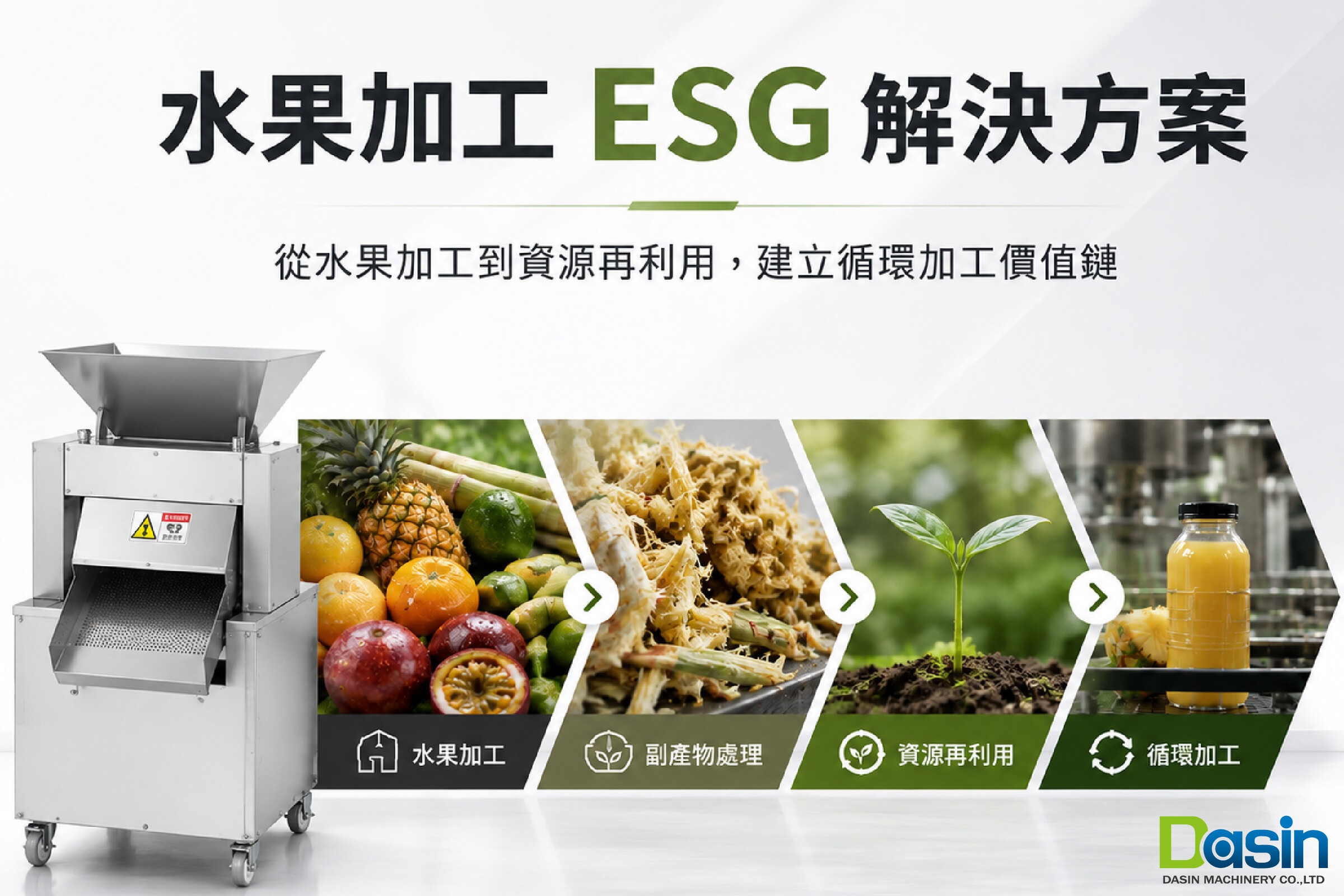 食品加工 ESG,ESG 解決方案,循環經濟,循環經濟設備,食品加工設備整合,水果加工流程,果渣處理,副產物再利用