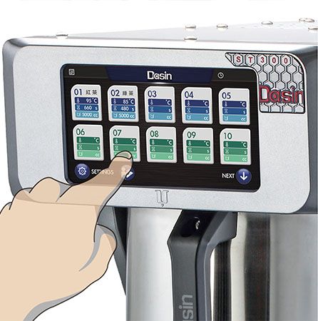 configuración conveniente para hacer té con volumen de agua, temperatura y tiempo de agitación personalizados.