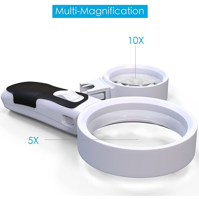 10X/5X Handheld Magnifier with LED Lights and Illuminated 2 Lens Set ...