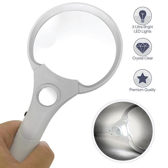3x 4.5x 25x Power Handheld Magnifying Glass With 3 Ultra Bright Led Light, industrial magnifying glass supplier