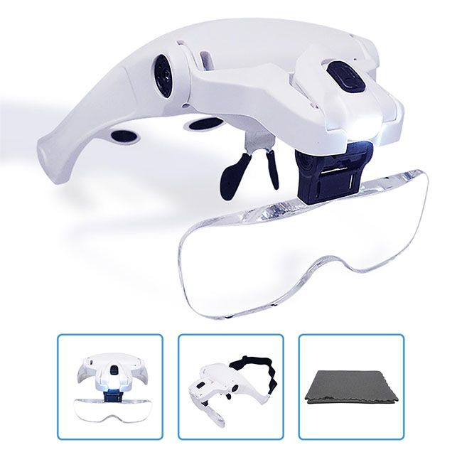 1.5X-4.5X recargable cabeza doble lente lupa gafas con 2 luces LED  regulables, manos libres 3 lentes intercambiables, vidrio lupa para trabajo