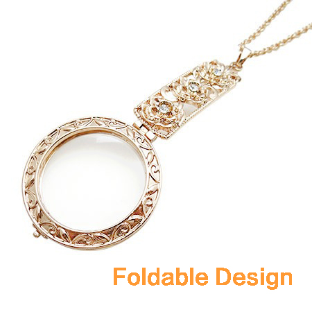 Classic Silver Tone Pendant Necklace Magnifier with Rhinestones-Use conveniently