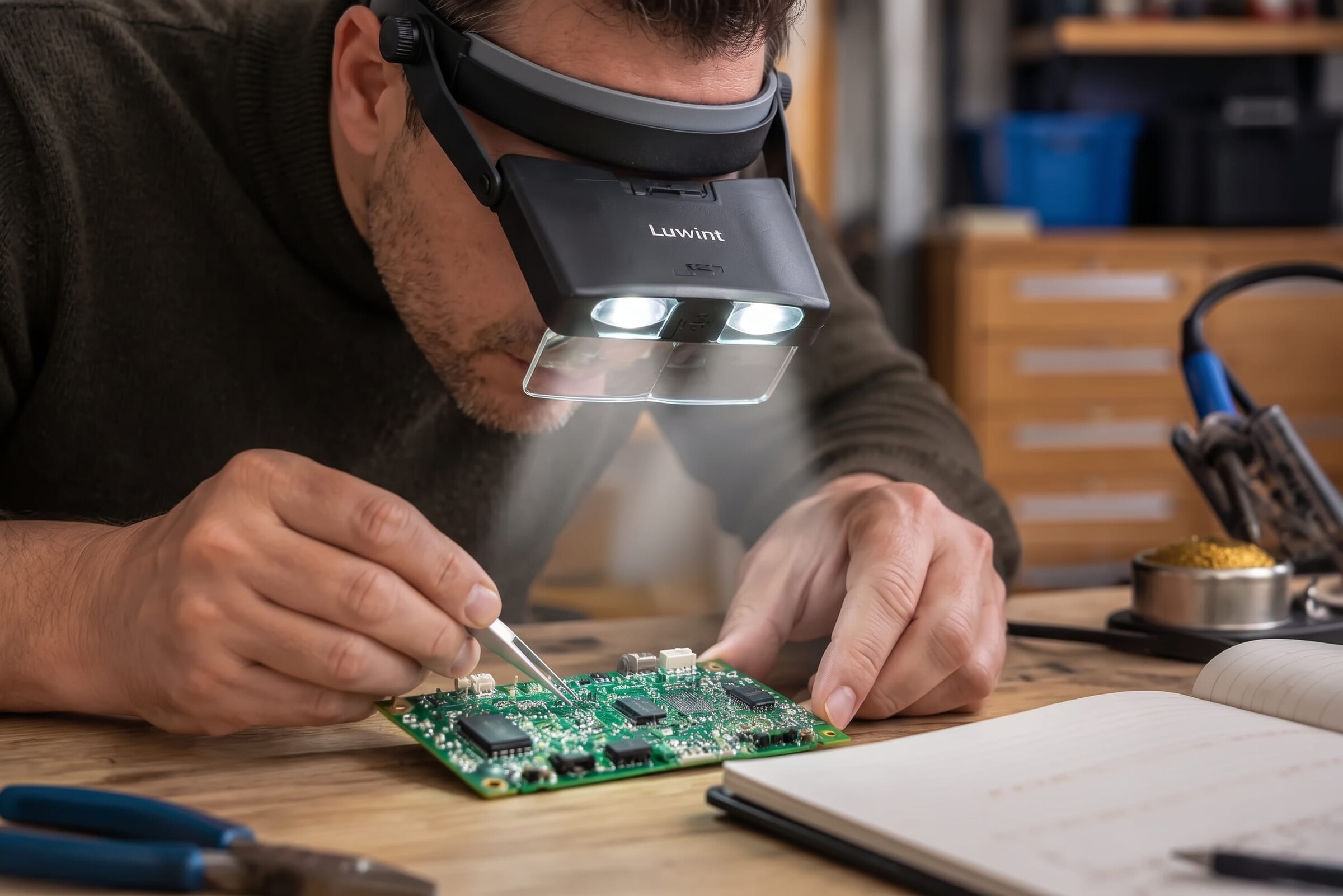 Ein Techniker, der eine freihändige Stirnbandlupe mit zwei LED-Leuchten trägt, untersucht und bearbeitet mit einer Pinzette eine grüne Leiterplatte an einem Holztisch.