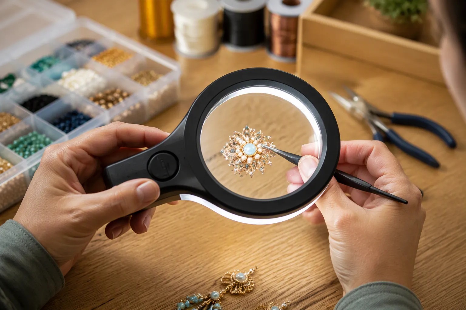 Mani che impugnano una lente d'ingrandimento rotonda a LED mentre realizzano con le pinzette una spilla dettagliata con perle e pietre preziose.