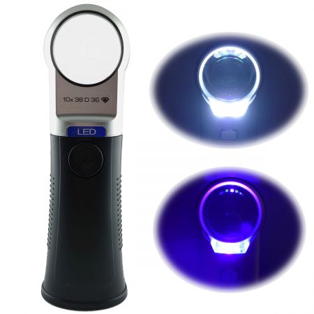 Mini lupa con luz LED de 35 mm, lupa de mano con soporte, lupa 10x