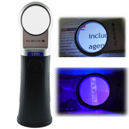 magnifier with LED light for reading and with UV light for anti-counterfeiting