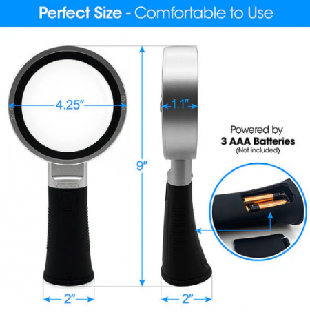 高倍數照明放大鏡全長9吋,寬2吋,鏡片直徑4.25吋,握感舒適,視野清晰