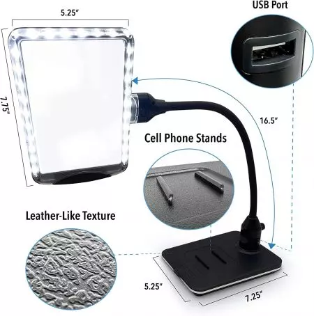 Lampe de bureau loupe à col de cygne flexible avec charge rapide USB, dimensions et structure détaillées