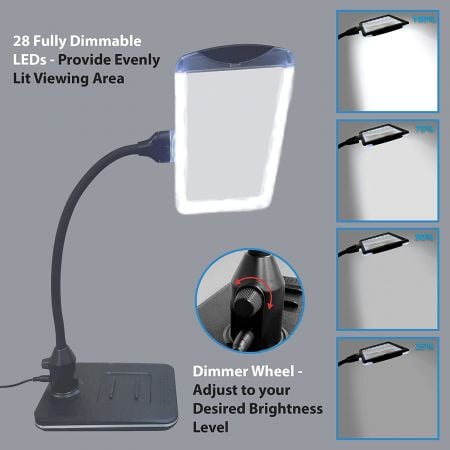 4X magnifying glass with light and stand 28 fully dimmable LEDs provide evenly lit viewing area