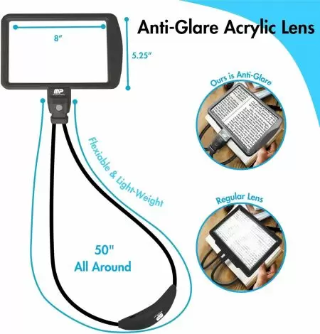 عدسة مكبرة LED لصفحات الكتب على شكل عنق الإوزة. يبلغ طول خرطومها ٥٠ بوصة. مزودة بعدسات عالية الدقة. يمكنك تكبير حجم الخط.