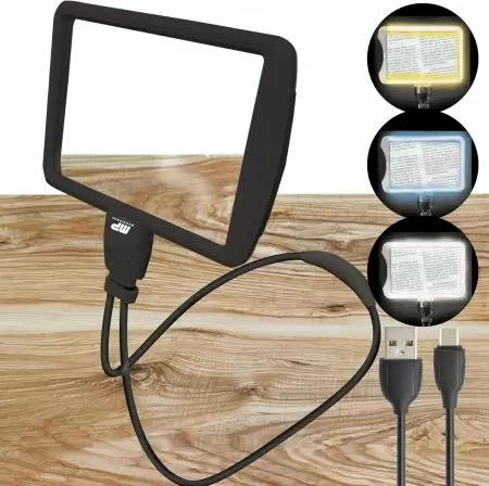 عدسة مكبرة قابلة لإعادة الشحن 6 مرات بدون استخدام اليدين للقراءة مع 50 ضوء LED فائق السطوع. مزودة بوضع تعتيم ثلاثي المراحل، ضوء بارد، ضوء دافئ، ضوء بارد ودافئ، وتأتي مع كابل شحن USB من النوع C.