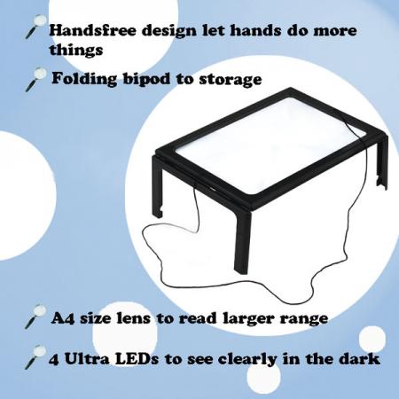 3X 折りたたみ式ハンズフリーフルページ LED 照明付き拡大鏡 - 多機能読書補助具