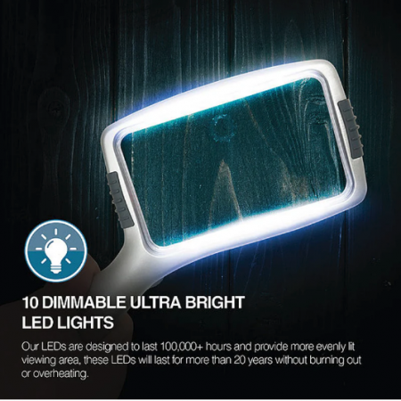 3倍LED矩形閱讀放大鏡配備10顆LED冷光燈,提供清晰明亮視野,閱讀更舒適