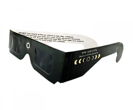 Gafas de papel Solar Eclipse de color negro en el lateral.