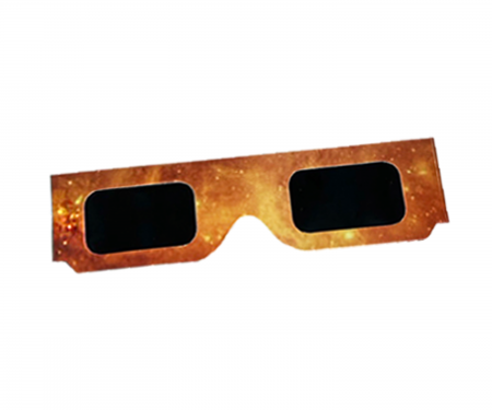 Gafas de papel Solar Eclipse de color naranja en el frente.