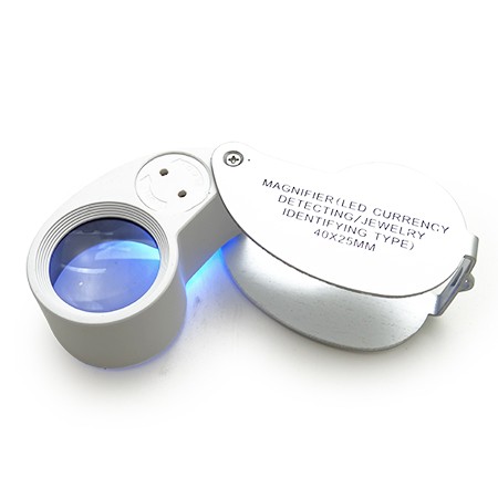 LEDとUVライト付きミニ40X 25mmジュエラールーペ拡大鏡 | 工業用虫眼鏡