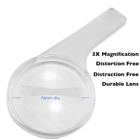 без искажений, диаметр 76 мм. Пластиковая прозрачная ручная лупа с трехкратным увеличением.