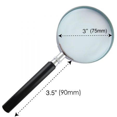 Dimension de la loupe portative ronde classique à cadre métallique 3x de 75 mm