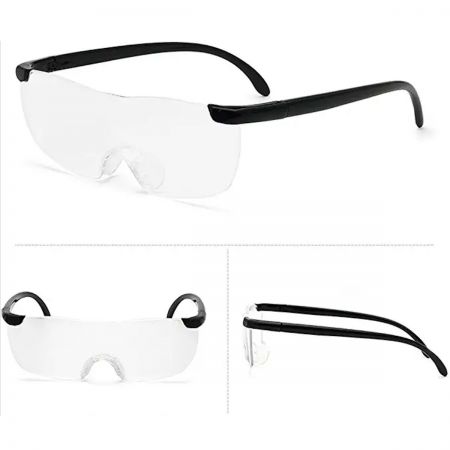 occhiali da lettura con lente d'ingrandimento grande e viste da diverse angolazioni