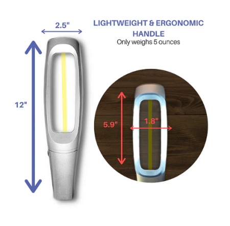 照明黃線放大鏡總長12吋,寬2.5吋,鏡片5.9吋x1.8吋,輕巧好握,視野清晰