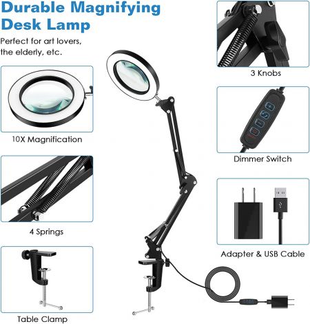 Lupa duradera y de alta potencia de 10x, lámpara de escritorio con abrazadera LED 2 en 1, lupa