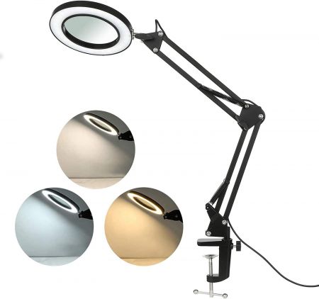 Lampe de bureau à pince LED flexible 2,5x 2 en 1, 3 modes de couleur, loupe