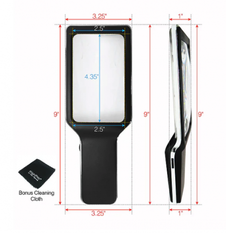 便攜式放大鏡全長9吋,寬3.25吋,鏡片4.35吋x2.5吋,尺寸適中,握感舒適