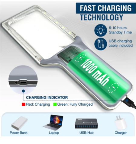 LED照明放大鏡USB充電,待機6-10小時,手持LED放大鏡,隨時隨地清晰閱讀