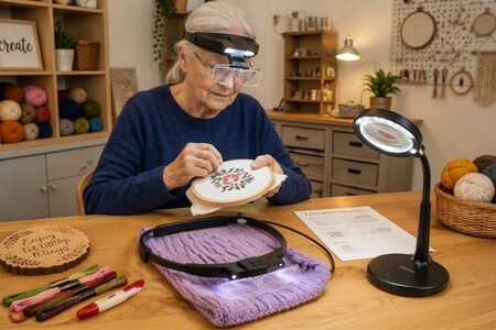 Eine ältere Dame trägt eine freihändige Lupe mit Beleuchtung, die bei filigranen Handarbeiten die Augenbelastung reduziert.