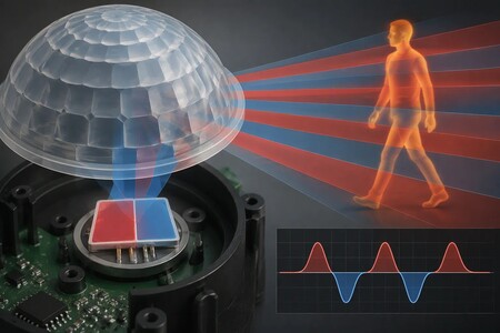 Illustrazione del funzionamento di un sensore PIR: una lente a cupola di Fresnel focalizza la radiazione infrarossa umana su due elementi piroelettrici per generare segnali di tensione alternata.