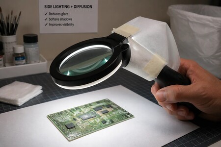 Ispezione di circuiti stampati (PCB) con lente d'ingrandimento illuminata e tecnica di diffusione della luce antiriflesso.
