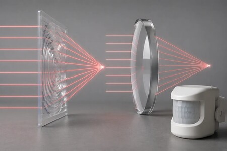 Meccanismo di funzionamento dell'ottica della lente di Fresnel che focalizza i fasci di luce su un sensore di movimento PIR