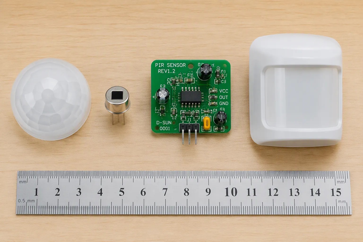 Referencia dimensional y desglose de componentes del módulo sensor PIR y lente óptica Fresnel para la adquisición de hardware de IoT.