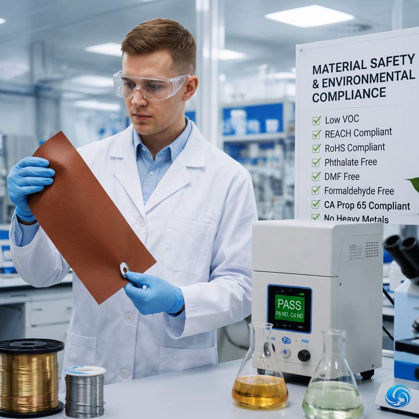Laboratory technician testing a brown PU leather sample for RoHS and California Proposition 65 material safety compliance.