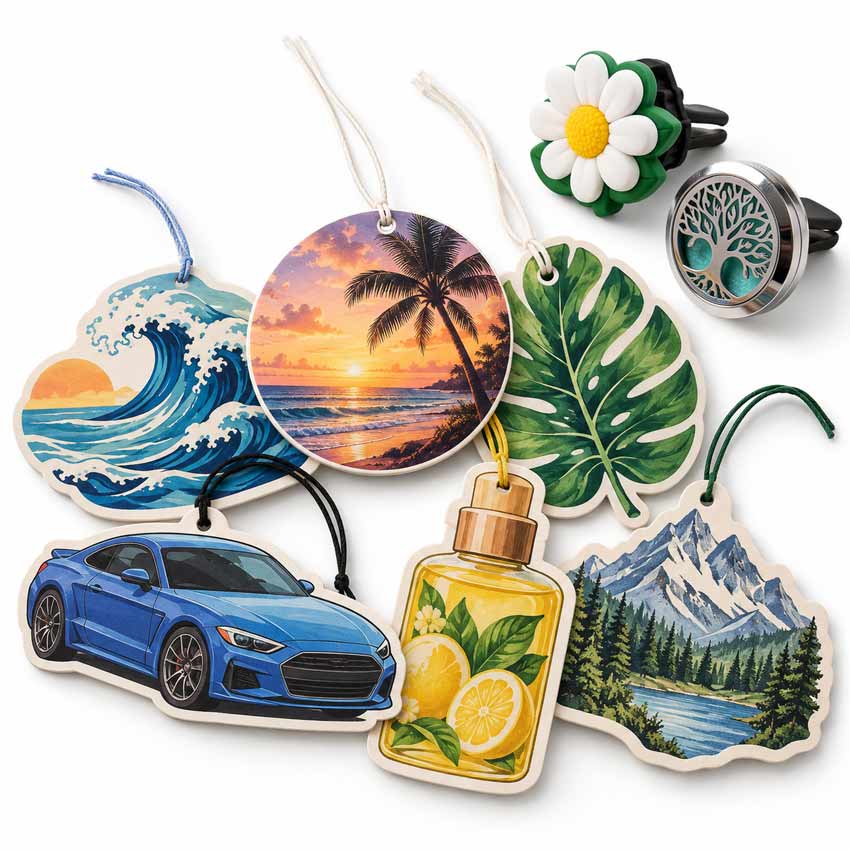Custom air freshener assortment featuring colorful die-cut paper hanging air fresheners, a PVC car vent air freshener, and a metal vent diffuser clip.