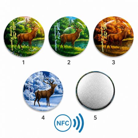 Distintivi a pulsante NFC personalizzati. - Pulsante NFC in lamiera da 58mm con stampa a colori.