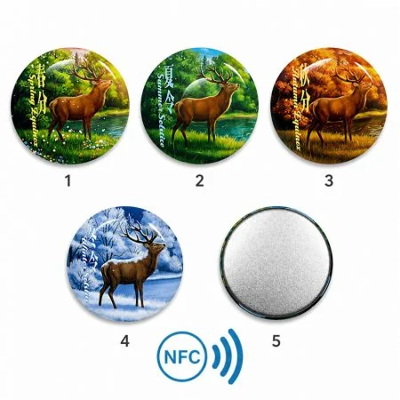 Distintivi a pulsante NFC personalizzati. - Pulsante NFC in lamiera da 58mm con stampa a colori.