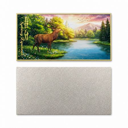 Design de Distintivo AR Personalizado para o Equinócio da Primavera: Impressão UV frontal com cervo e revestimento metálico texturizado na parte de trás.