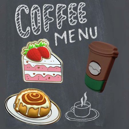 Custom Enamel Pins with 3D Rubber Elements - Bespoke coffee shop-themed enamel pins with 3D rubber designs