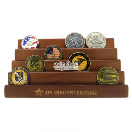 wood display racks with coins