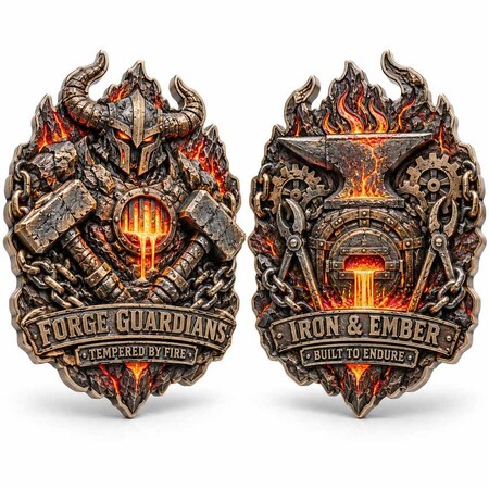 Custom 3D Challenge Coins - Front and back irregular 3D sculpted challenge coin with an armored forge guardian, gears, chains and fiery UV-printed accents.