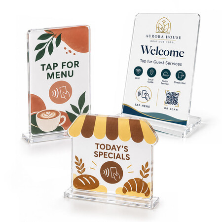Supporti espositivi NFC in acrilico personalizzati - Assortimento di supporti espositivi NFC in acrilico personalizzati con pannelli rettangolari, a forma di hotel e panetteria su basi trasparenti.
