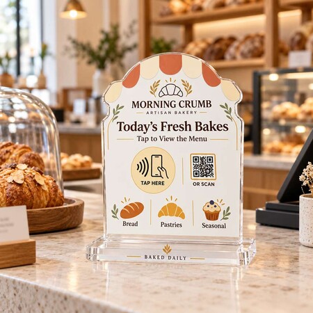 Custom-shaped acrylic NFC menu stand displayed on a bakery counter for accessing daily baked goods.