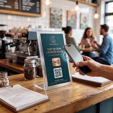 Acrylic NFC loyalty program stand on a café counter with a customer tapping a smartphone.