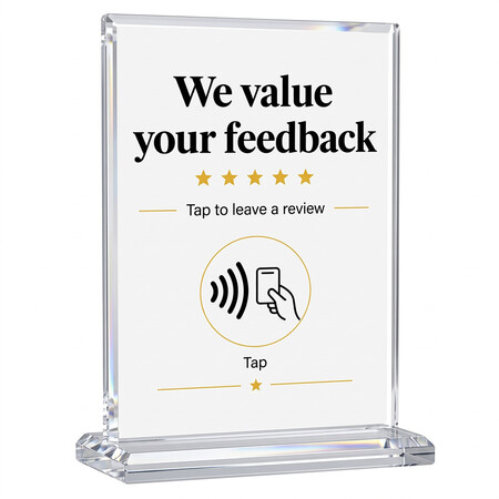 Clear rectangular acrylic NFC display stand with a tap-to-review design and transparent slot-in base.